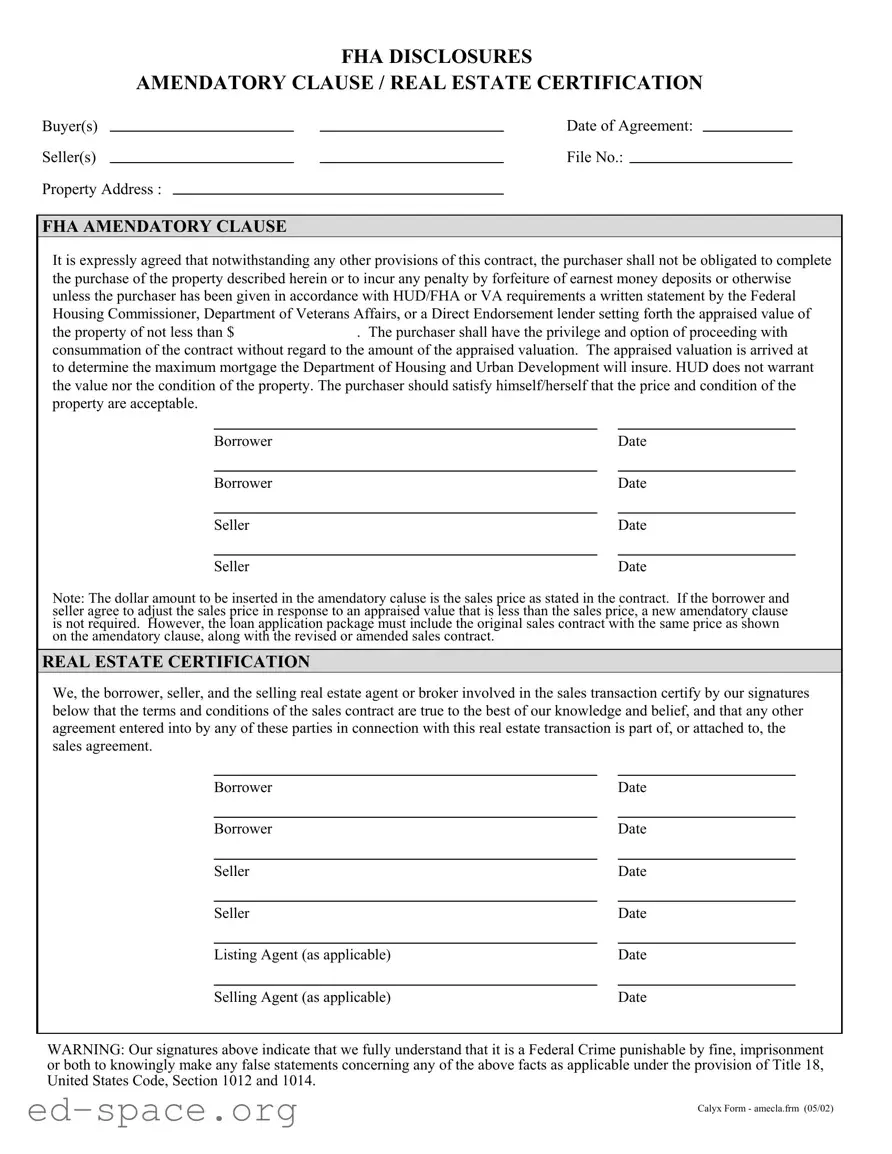 Blank Fha Amendatory Clause PDF Form