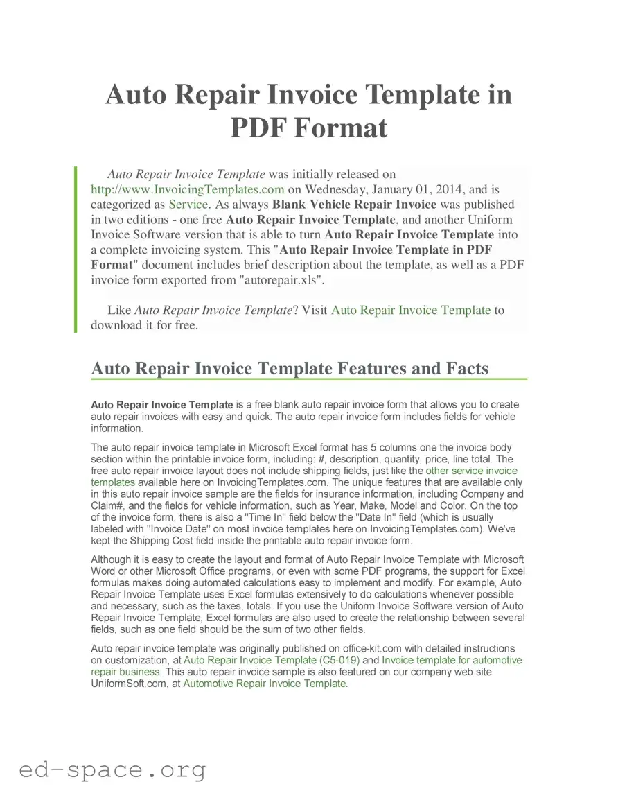 Blank Auto Repair Invoice PDF Form