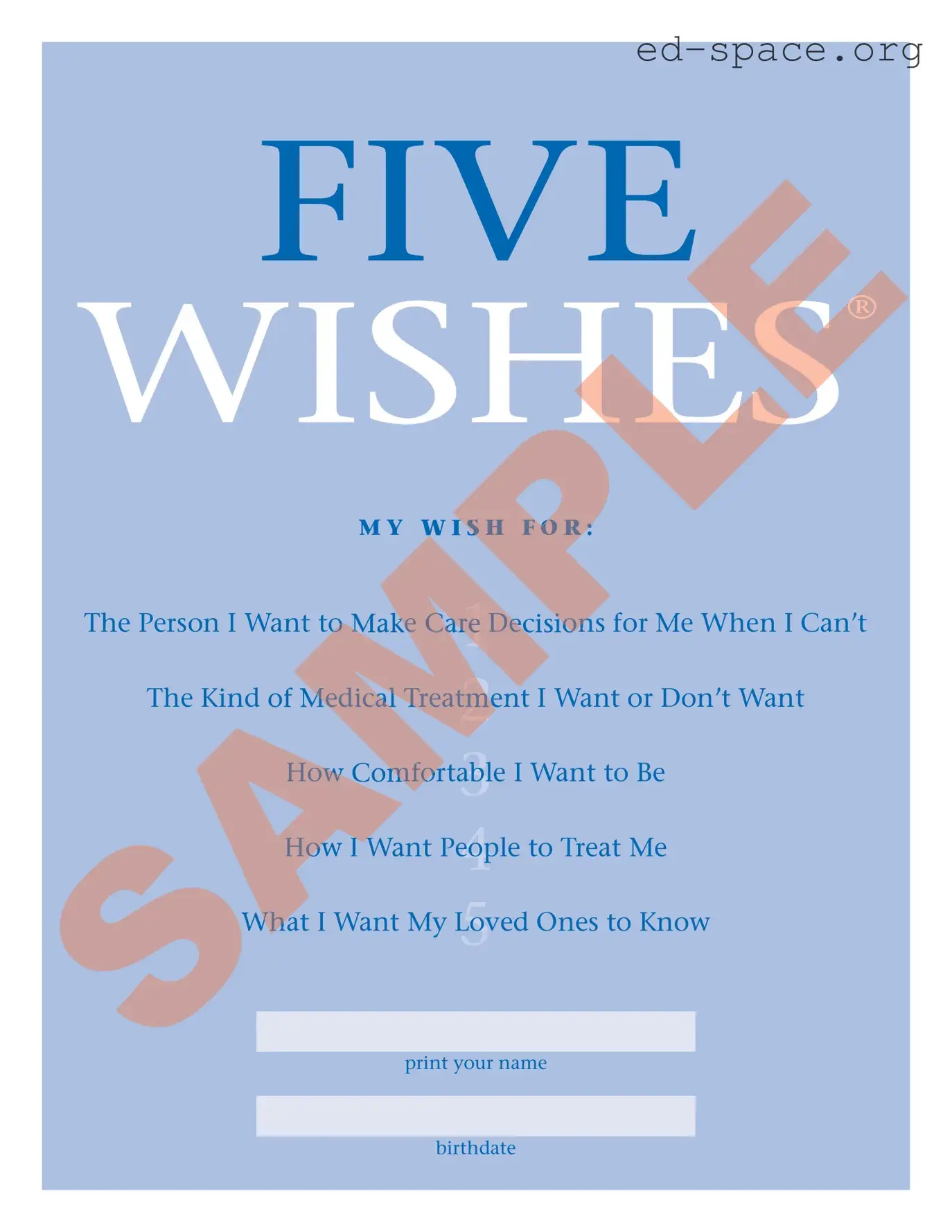 Blank 5 Wishes Document PDF Form
