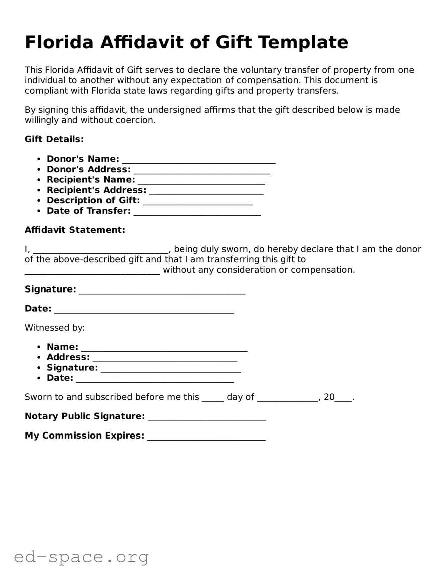 Free  Affidavit of Gift Form for Florida