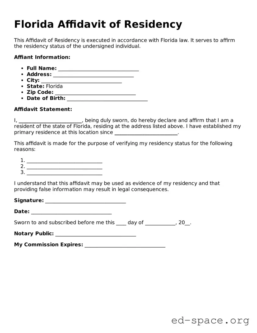 Free  Affidavit of Residency Form for Florida