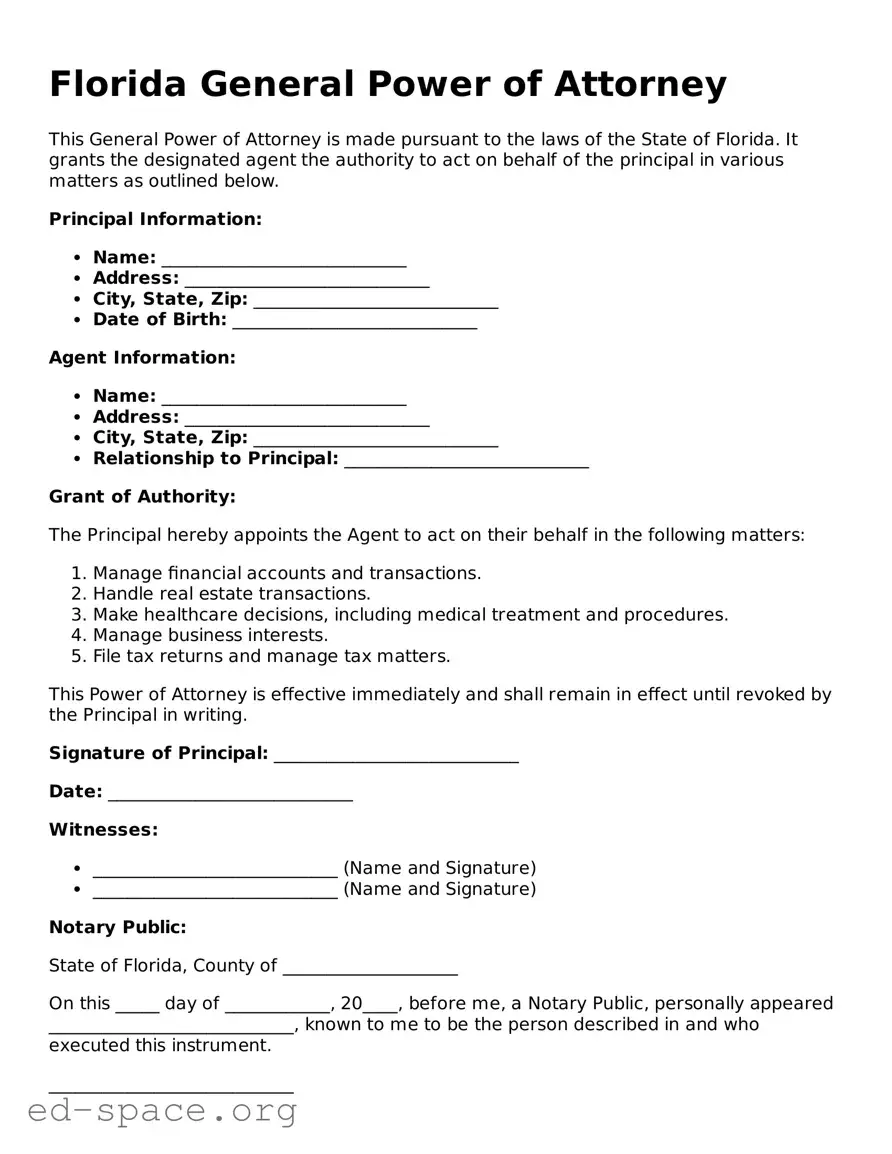 Free  General Power of Attorney Form for Florida