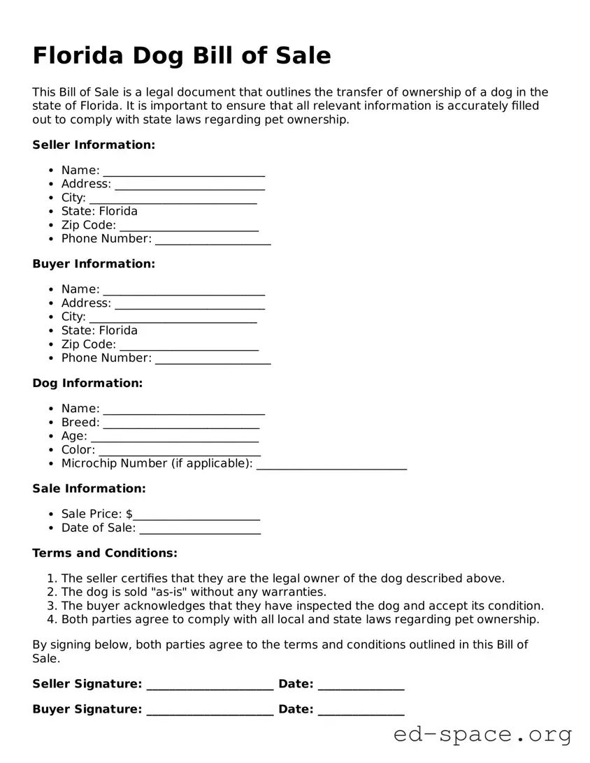 Free  Dog Bill of Sale Form for Florida