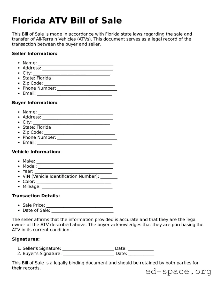 Free  ATV Bill of Sale Form for Florida