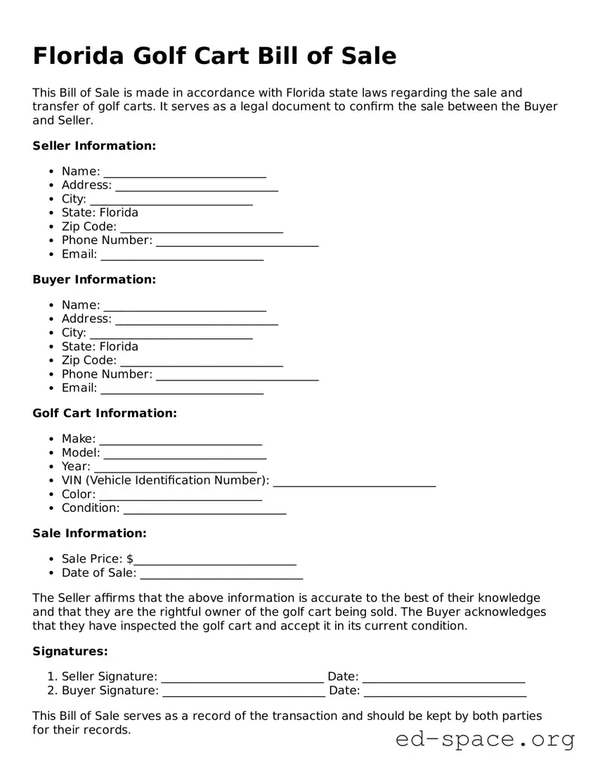 Free  Golf Cart Bill of Sale Form for Florida