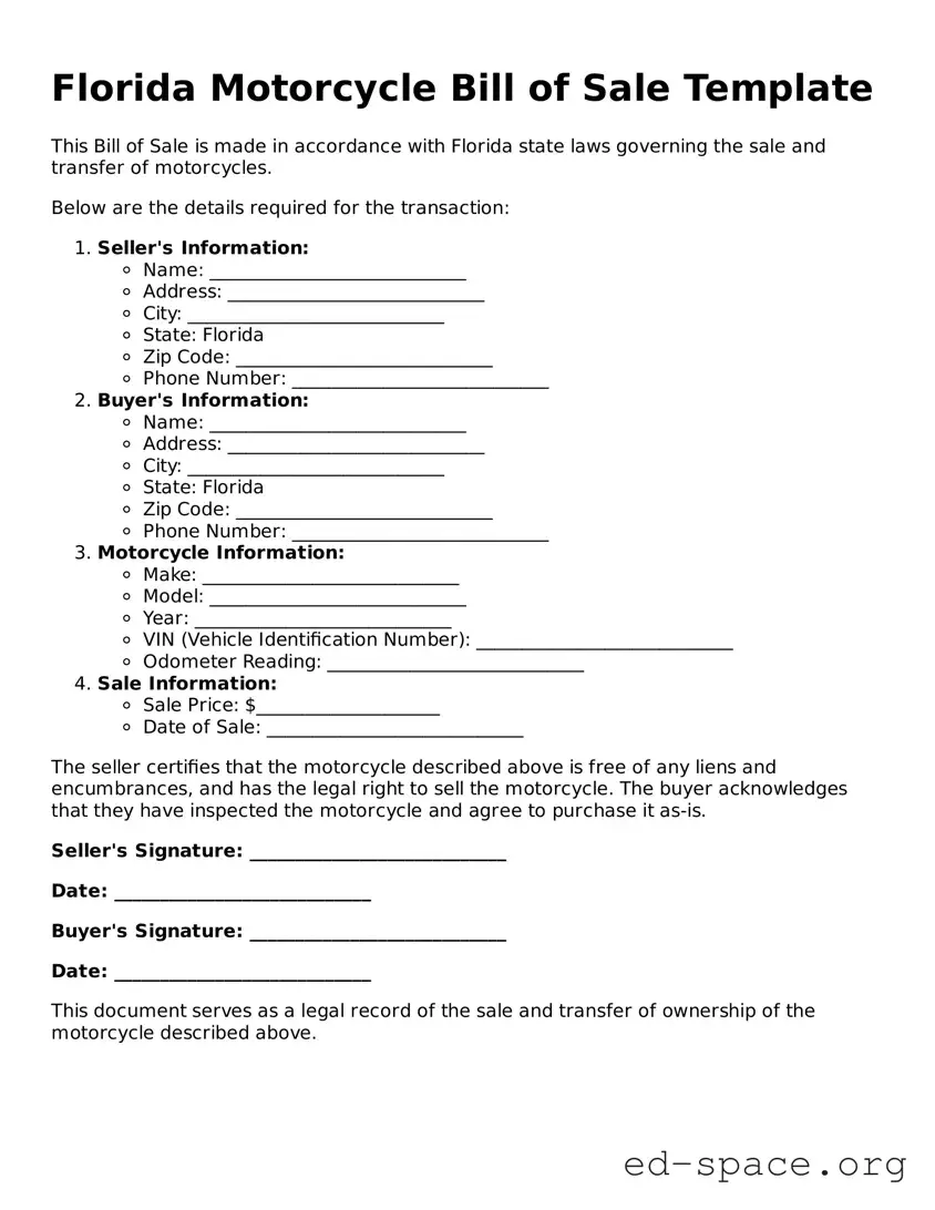 Free  Motorcycle Bill of Sale Form for Florida