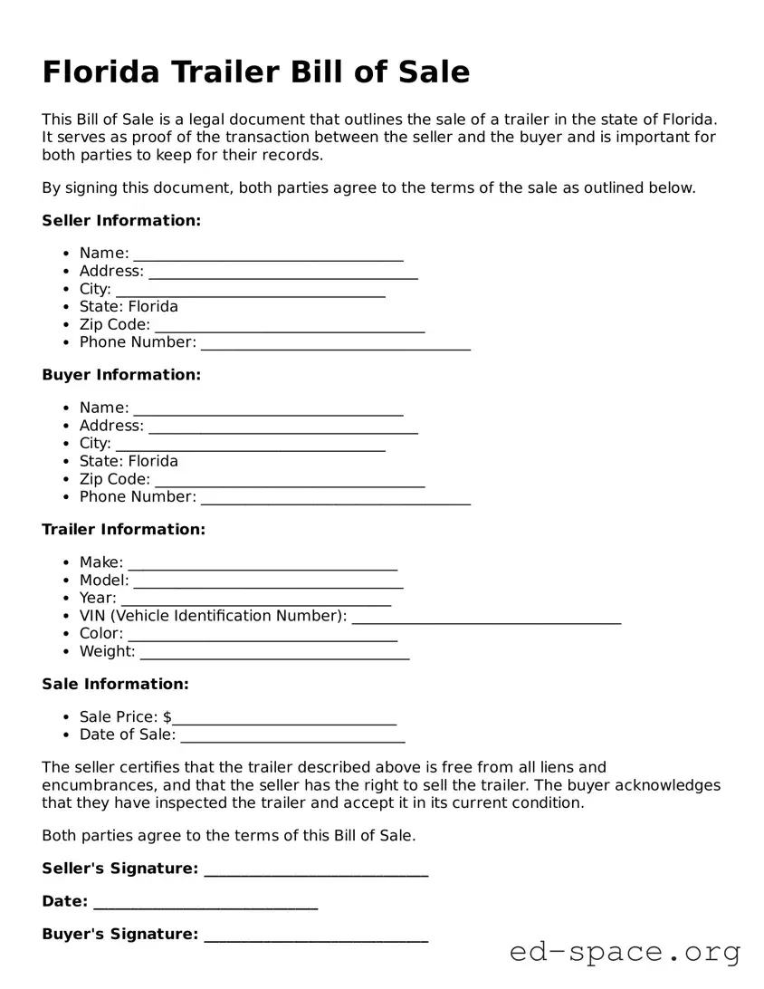 Free  Trailer Bill of Sale Form for Florida