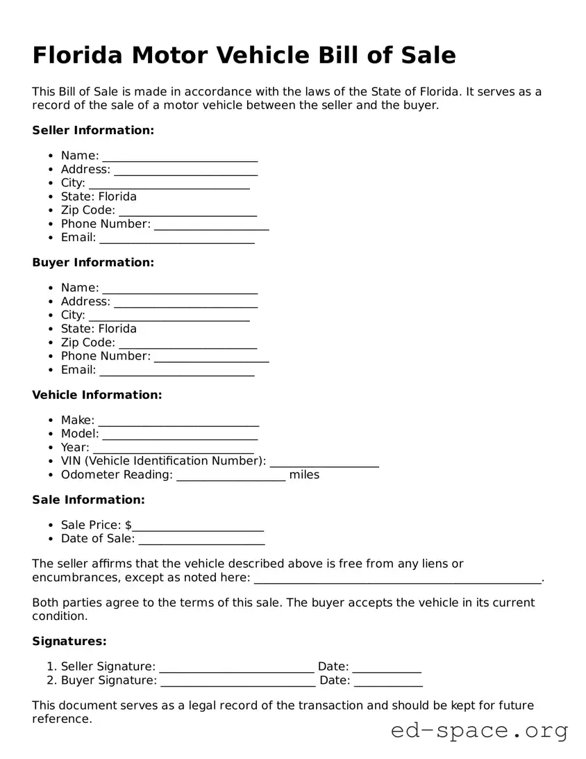 Free  Motor Vehicle Bill of Sale Form for Florida