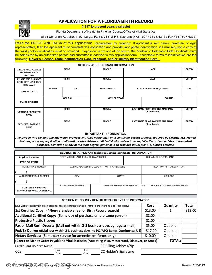 Blank Florida Birth Certificate PDF Form