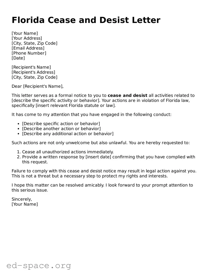 Free  Cease and Desist Letter Form for Florida
