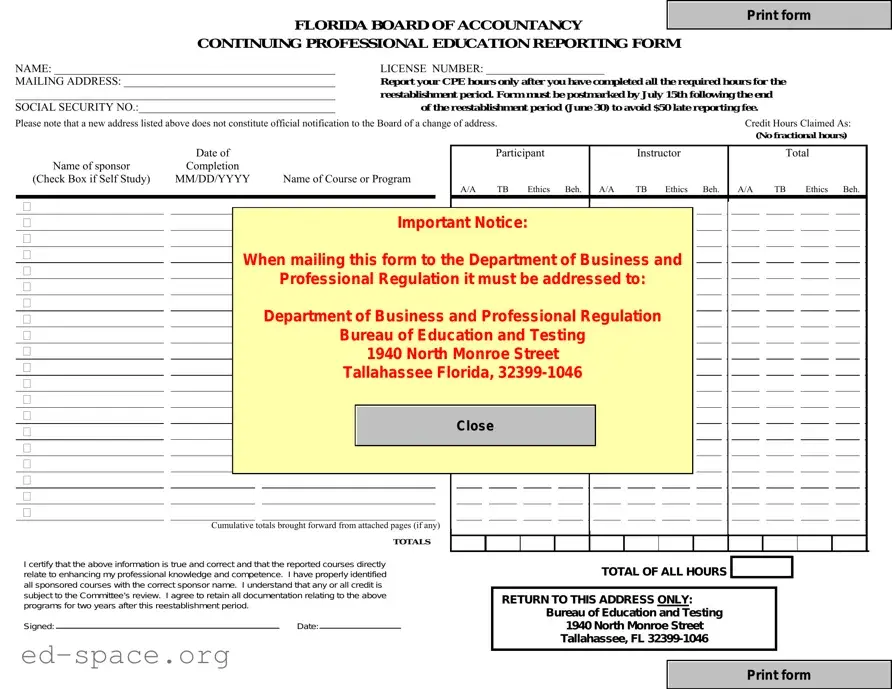 Blank Cpe Reporting Florida PDF Form