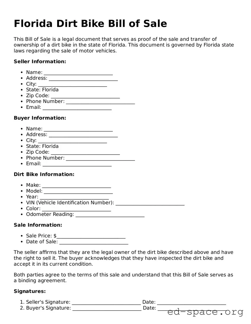 Free  Dirt Bike Bill of Sale Form for Florida