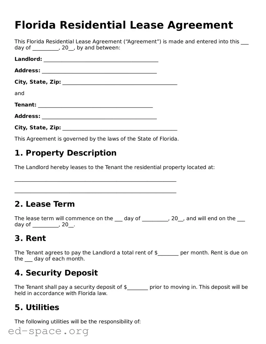 Free  Residential Lease Agreement Form for Florida