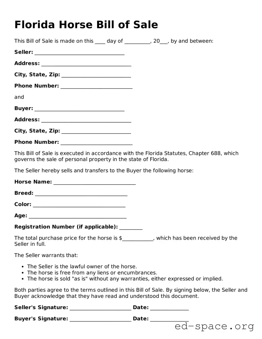 Free  Horse Bill of Sale Form for Florida