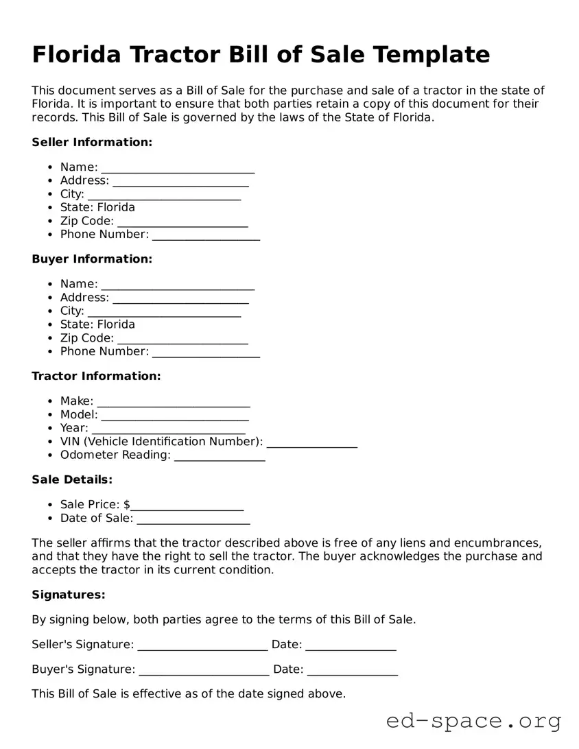 Free  Tractor Bill of Sale Form for Florida