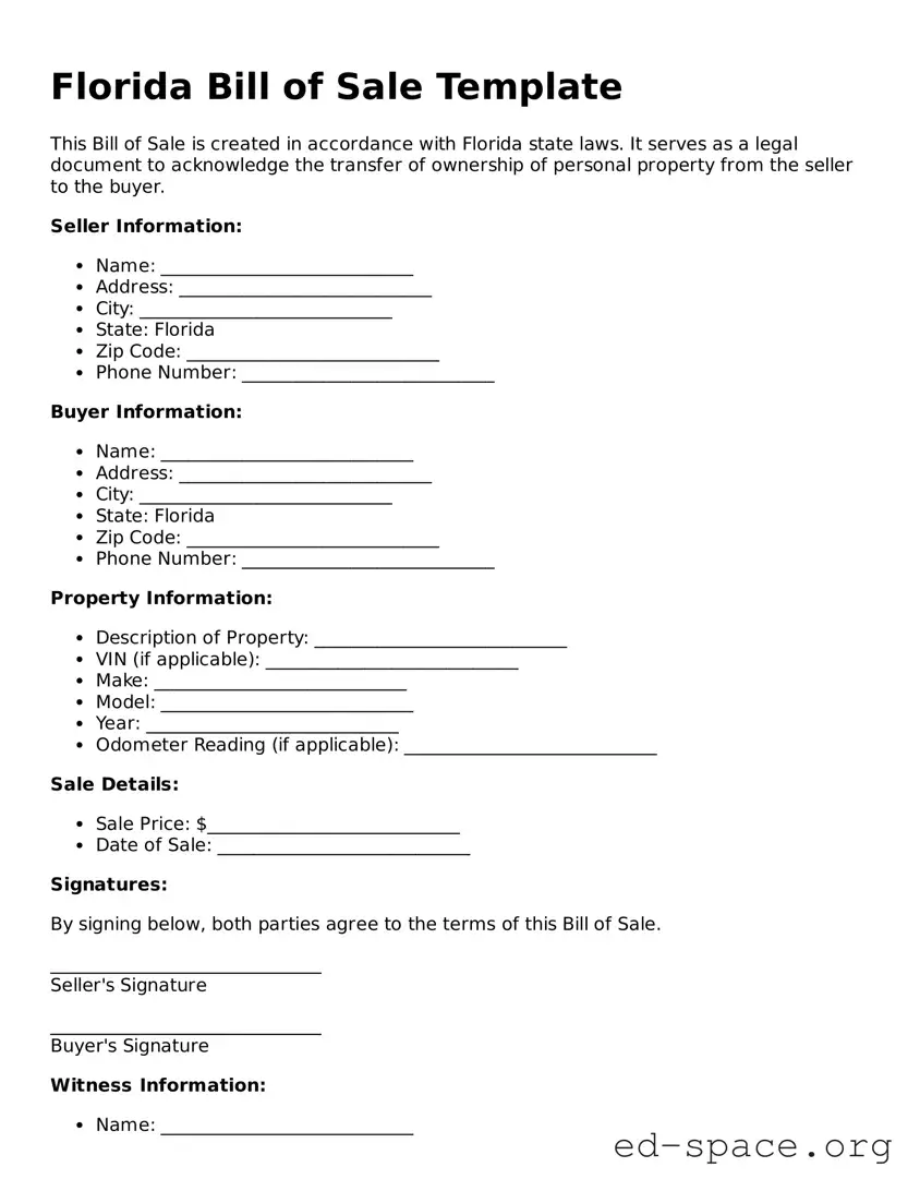 Free  Bill of Sale Form for Florida