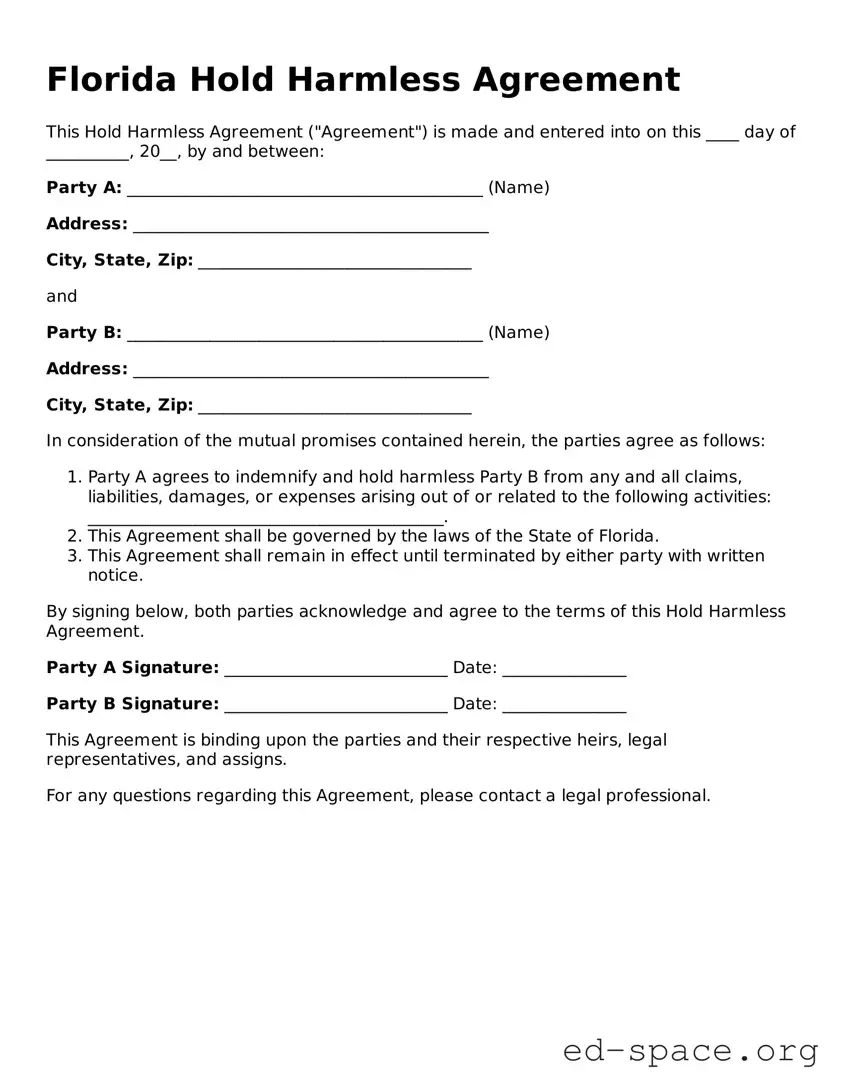 Free  Hold Harmless Agreement Form for Florida