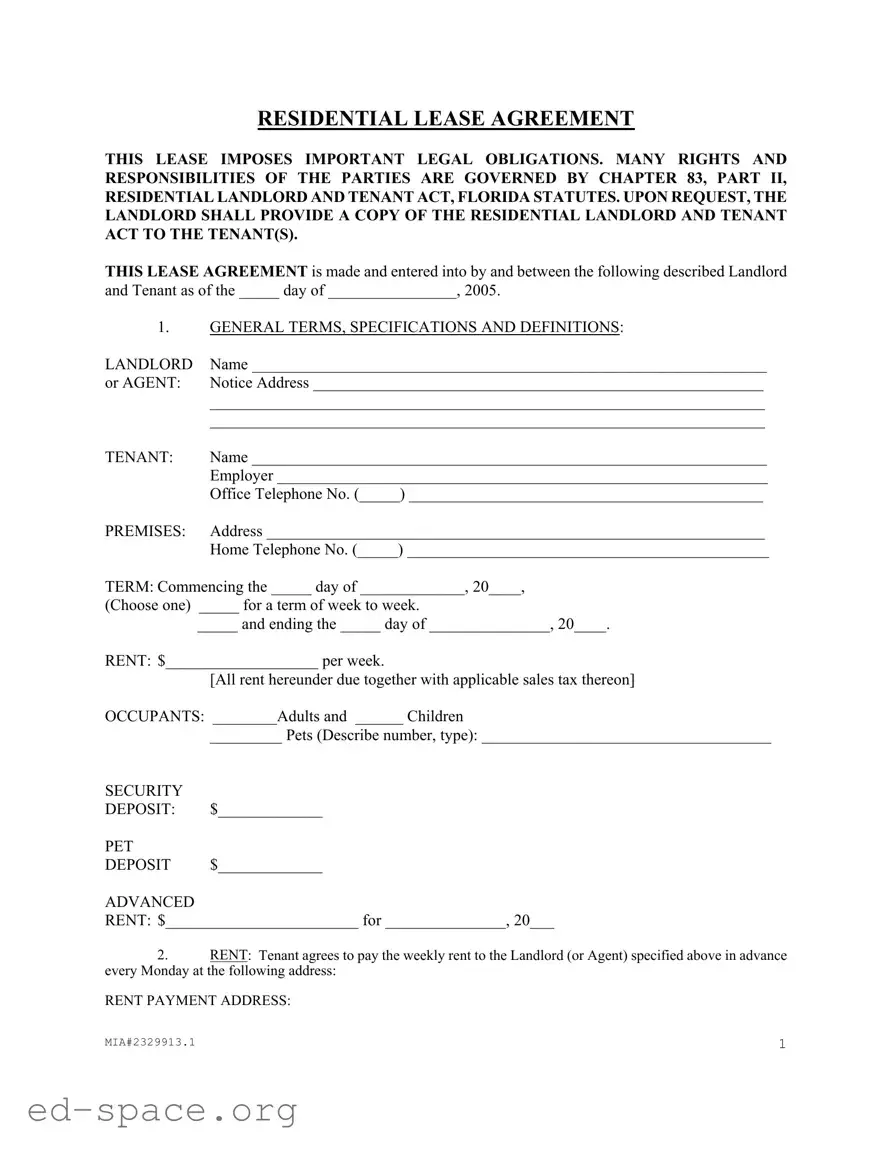 Blank Florida Residential Agreement PDF Form