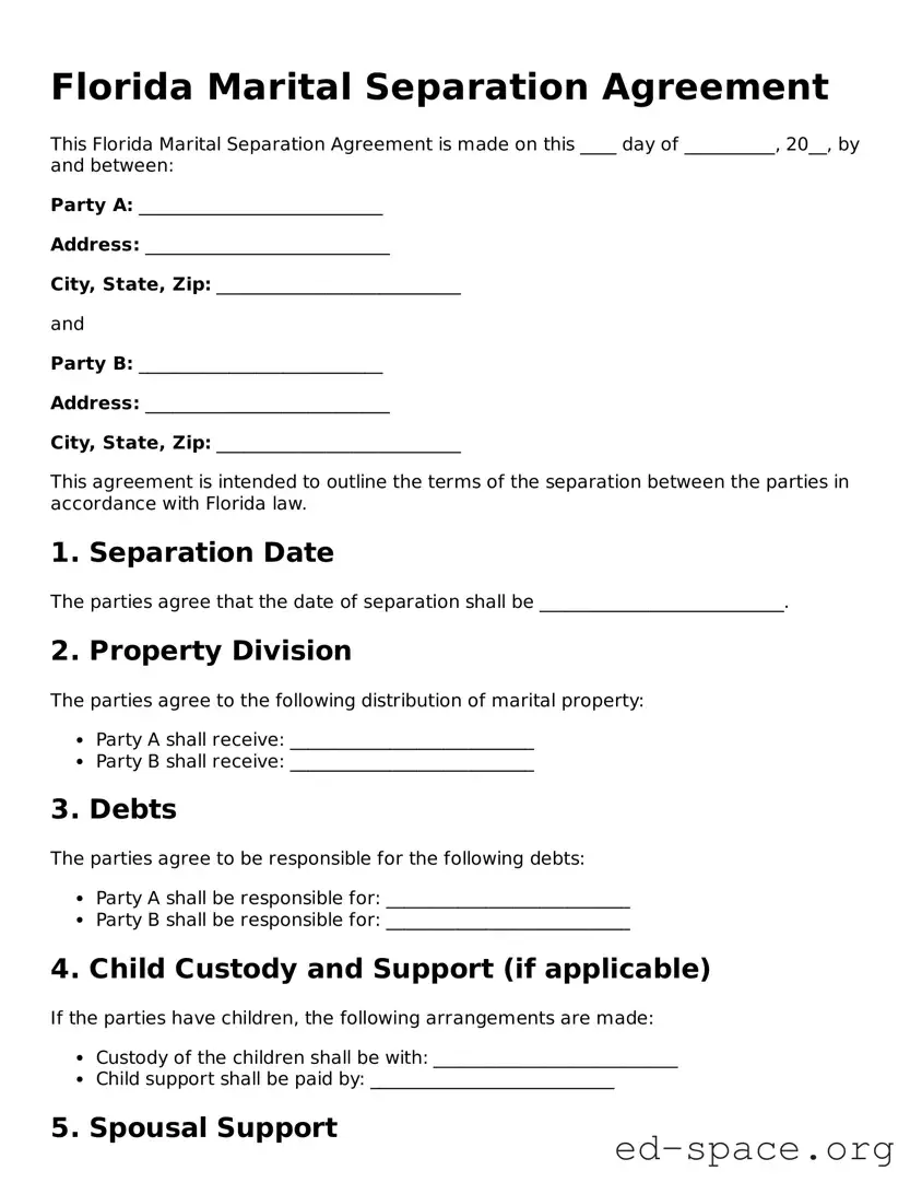 Free  Marital Separation Agreement Form for Florida