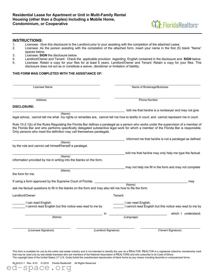 Blank Florida Realtors Residential Lease PDF Form