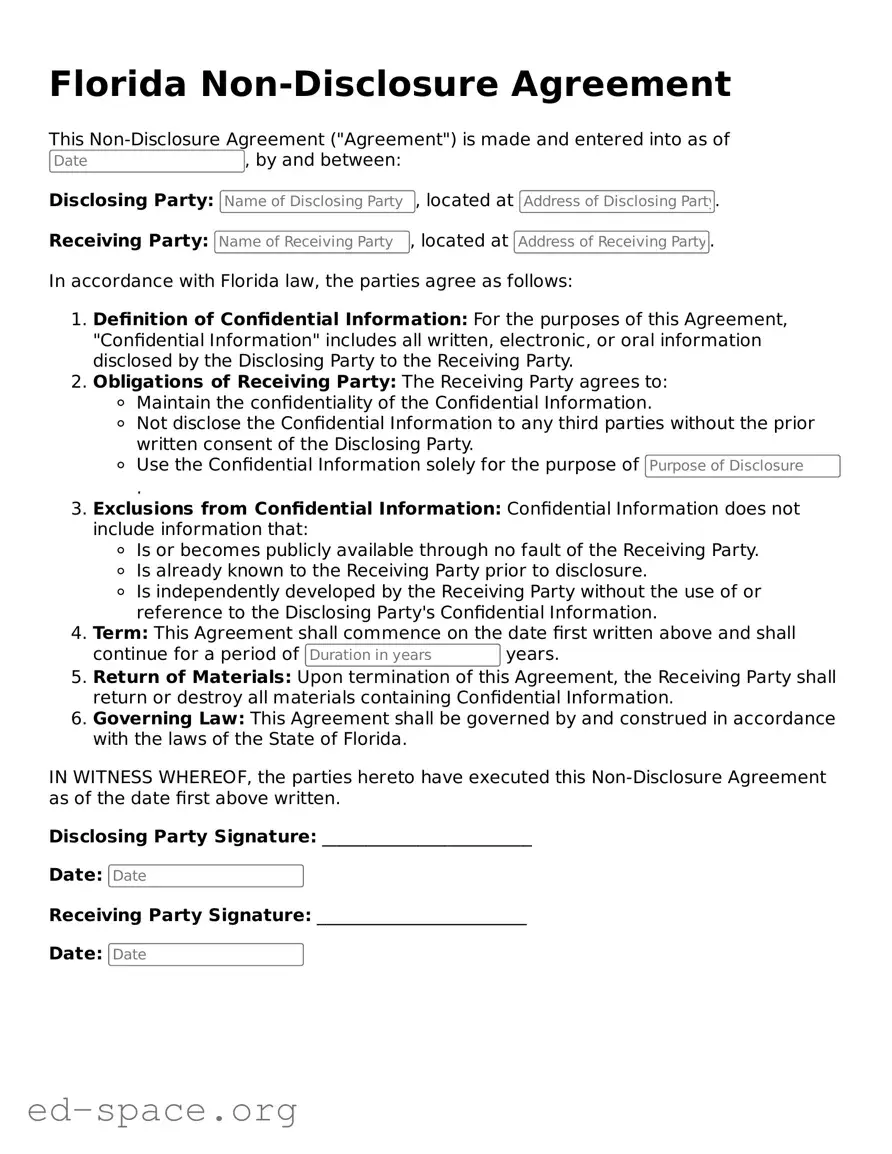 Free  Non-disclosure Agreement Form for Florida