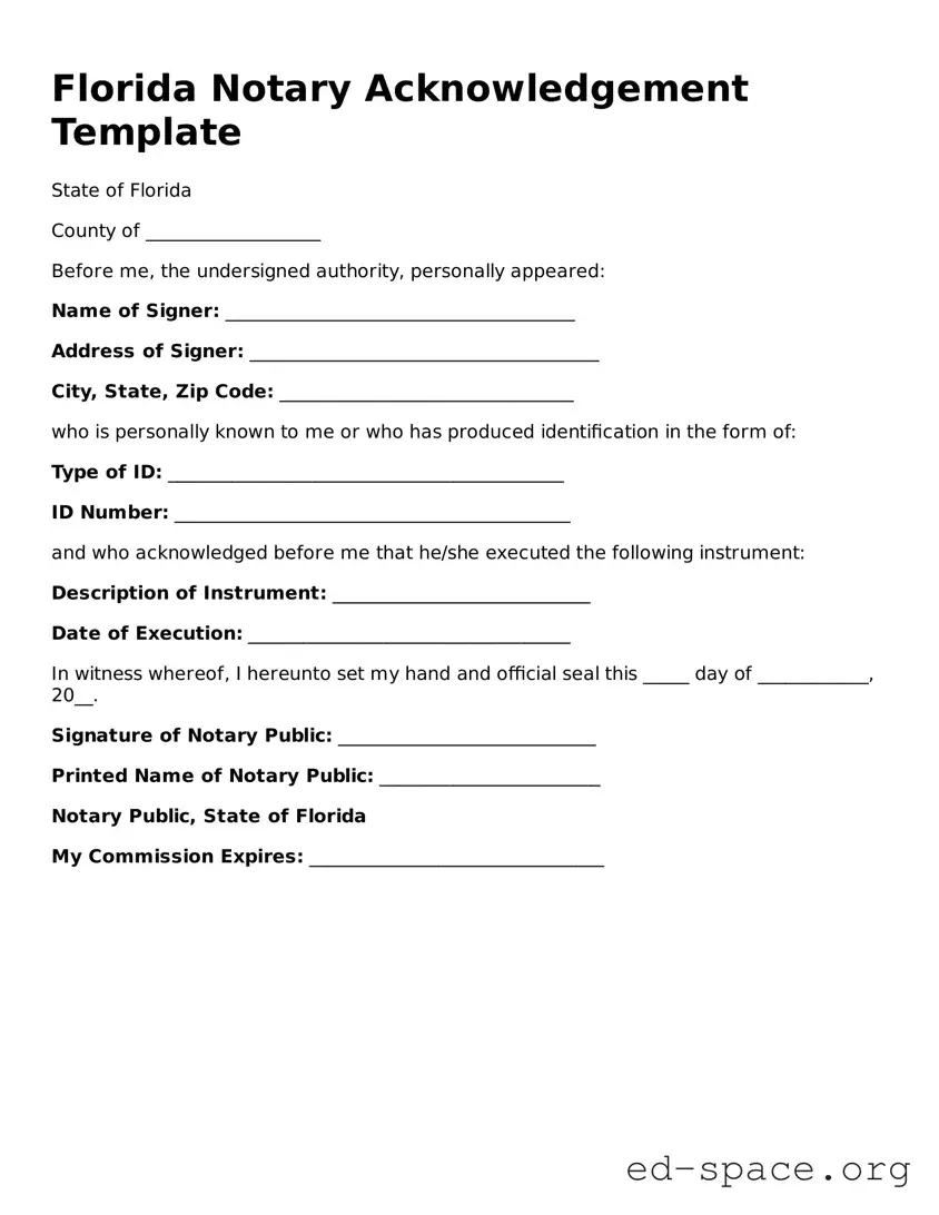 Free  Notary Acknowledgement Form for Florida