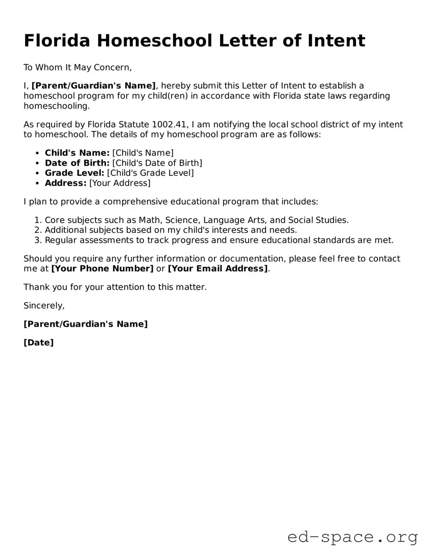Free  Homeschool Letter of Intent Form for Florida