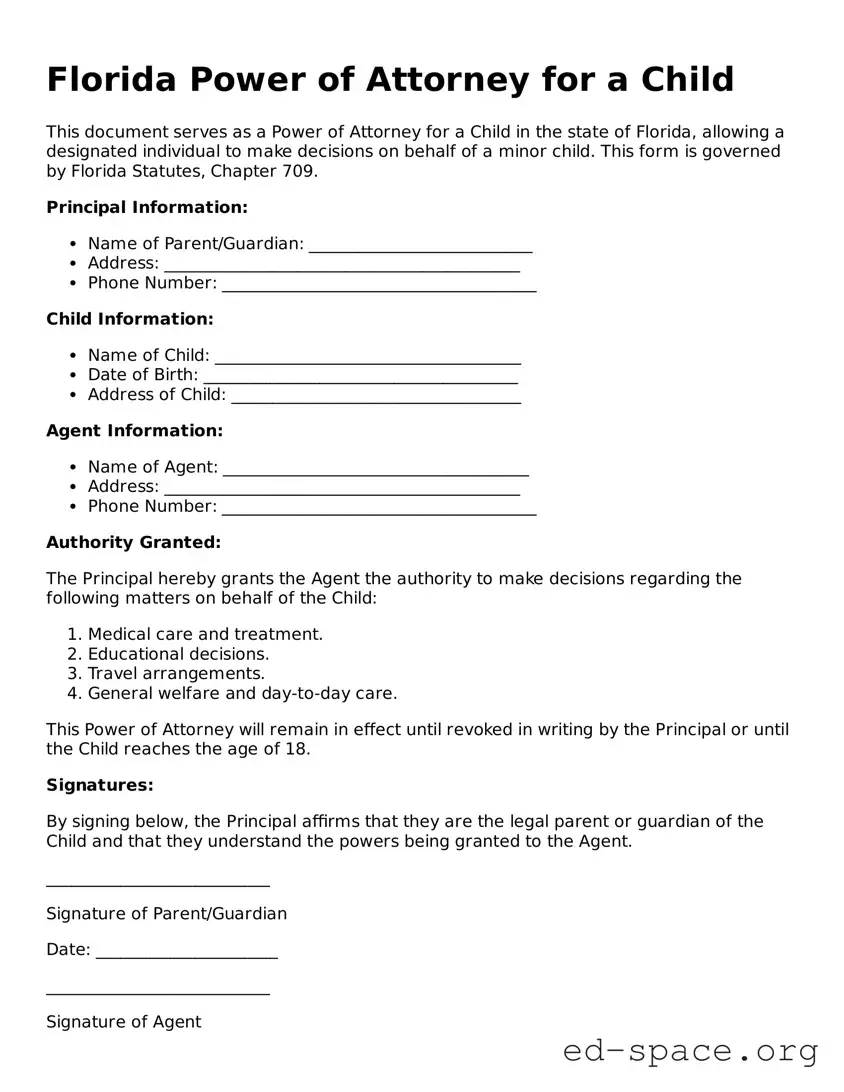 Free  Power of Attorney for a Child Form for Florida