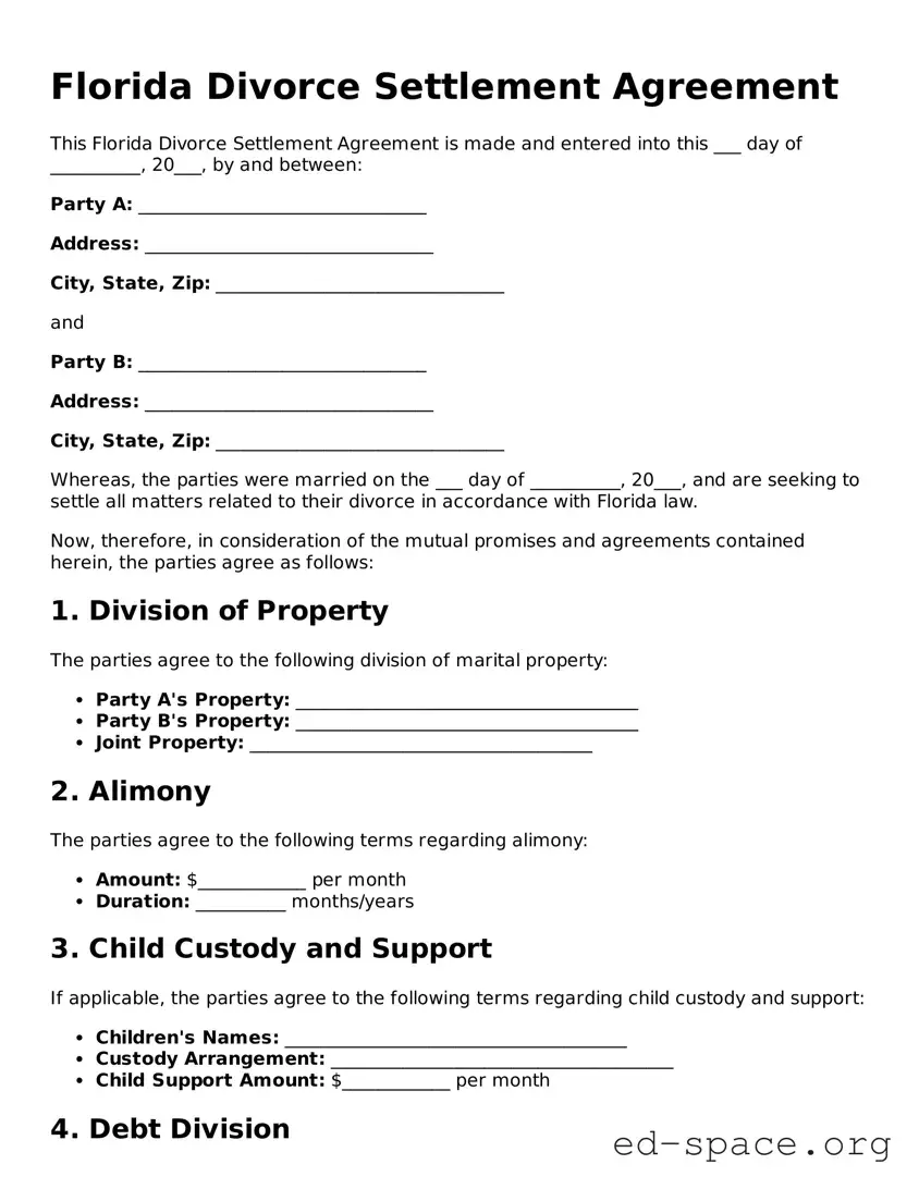 Free  Divorce Settlement Agreement Form for Florida