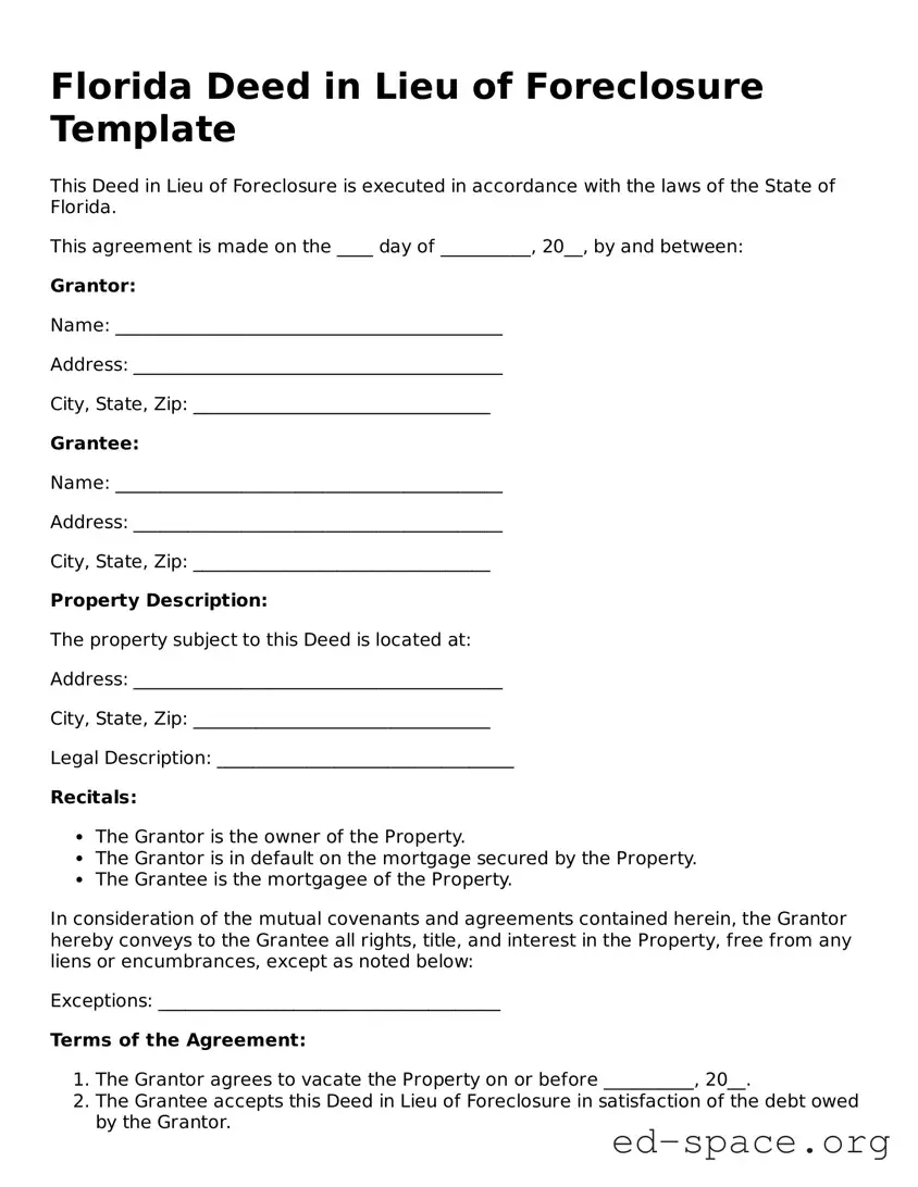 Free  Deed in Lieu of Foreclosure Form for Florida