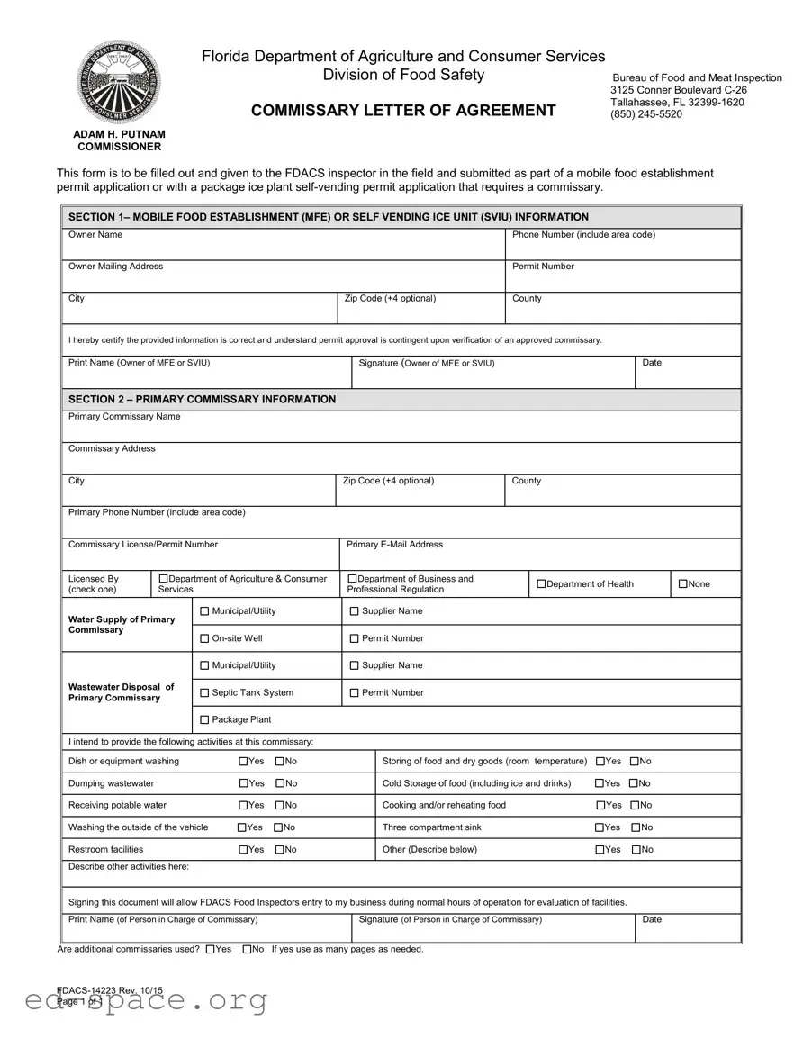 Blank Florida Commissary Letter Of Agreement PDF Form