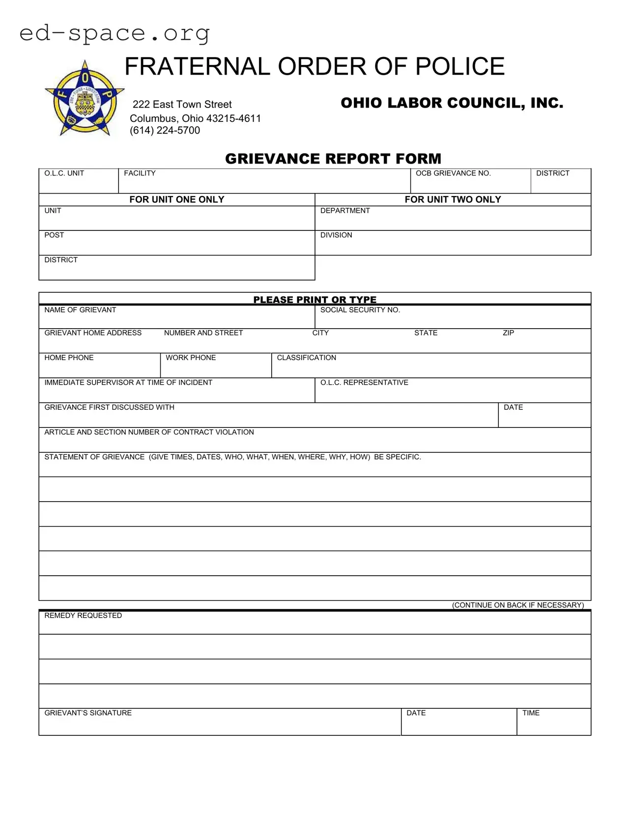 Blank Ohio Fraternal Order Of Police PDF Form