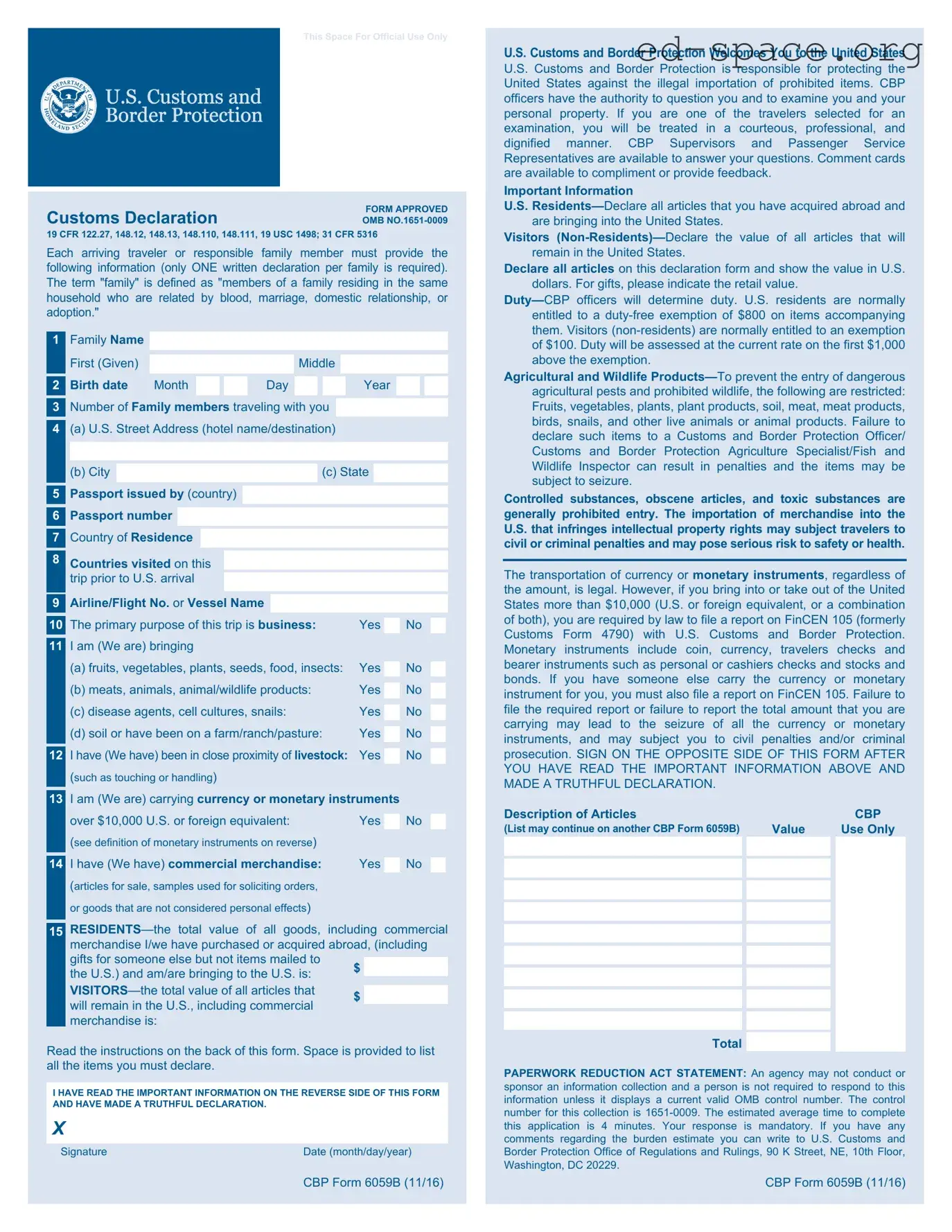Blank CBP 6059B PDF Form