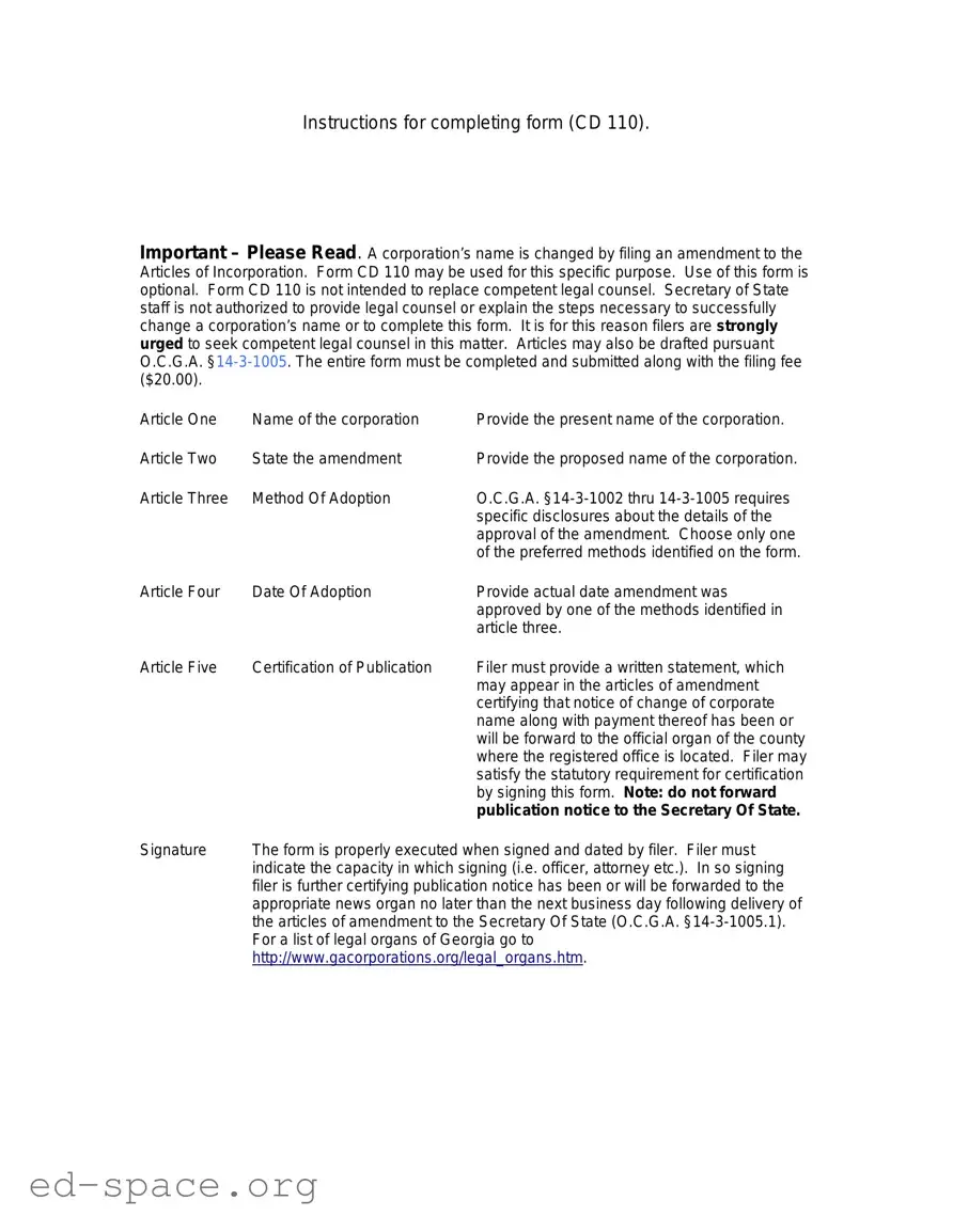 Blank Articles Of Amendment Georgia Cd 110 PDF Form