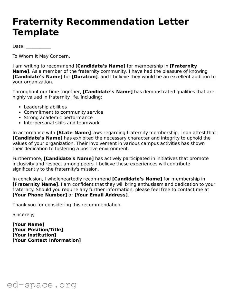 Fillable Fraternity Recommendation Letter Template