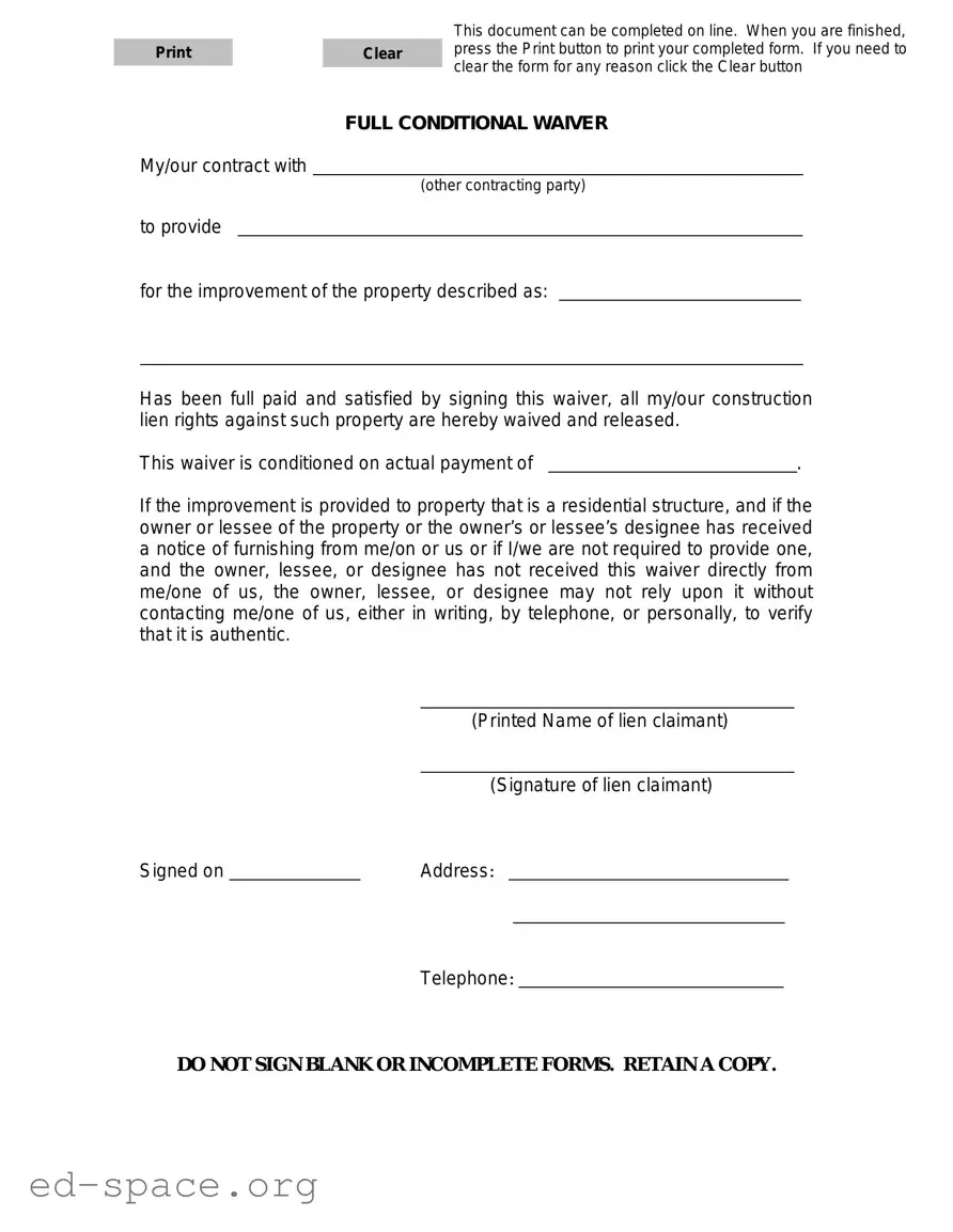 Blank Michigan Full Conditional Waiver PDF Form
