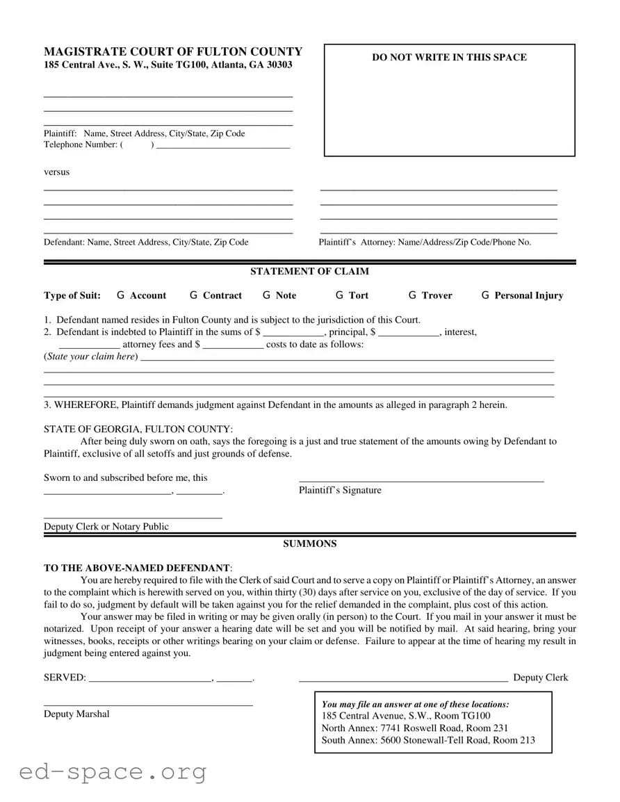 Blank Georgia Statement Claim Fulton PDF Form
