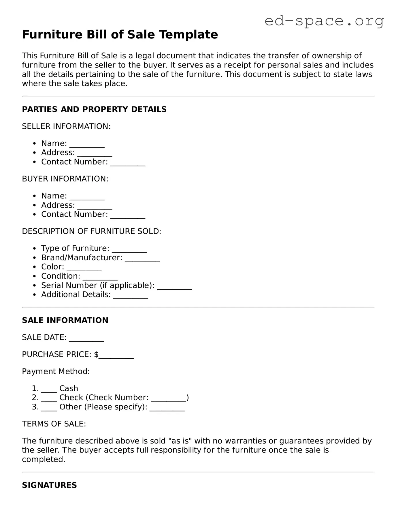 Fillable Furniture Bill of Sale Template
