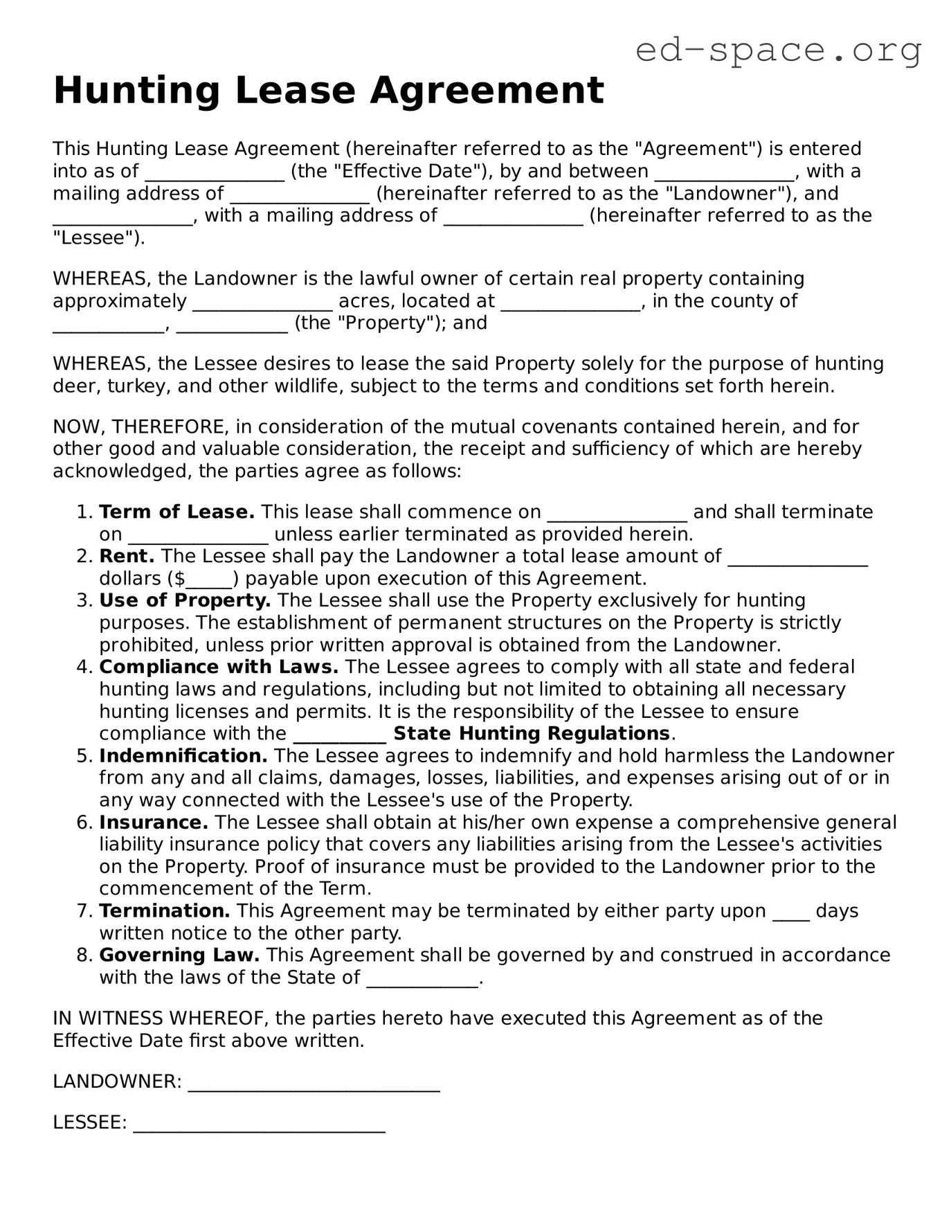 Fillable Hunting Lease Agreement Template
