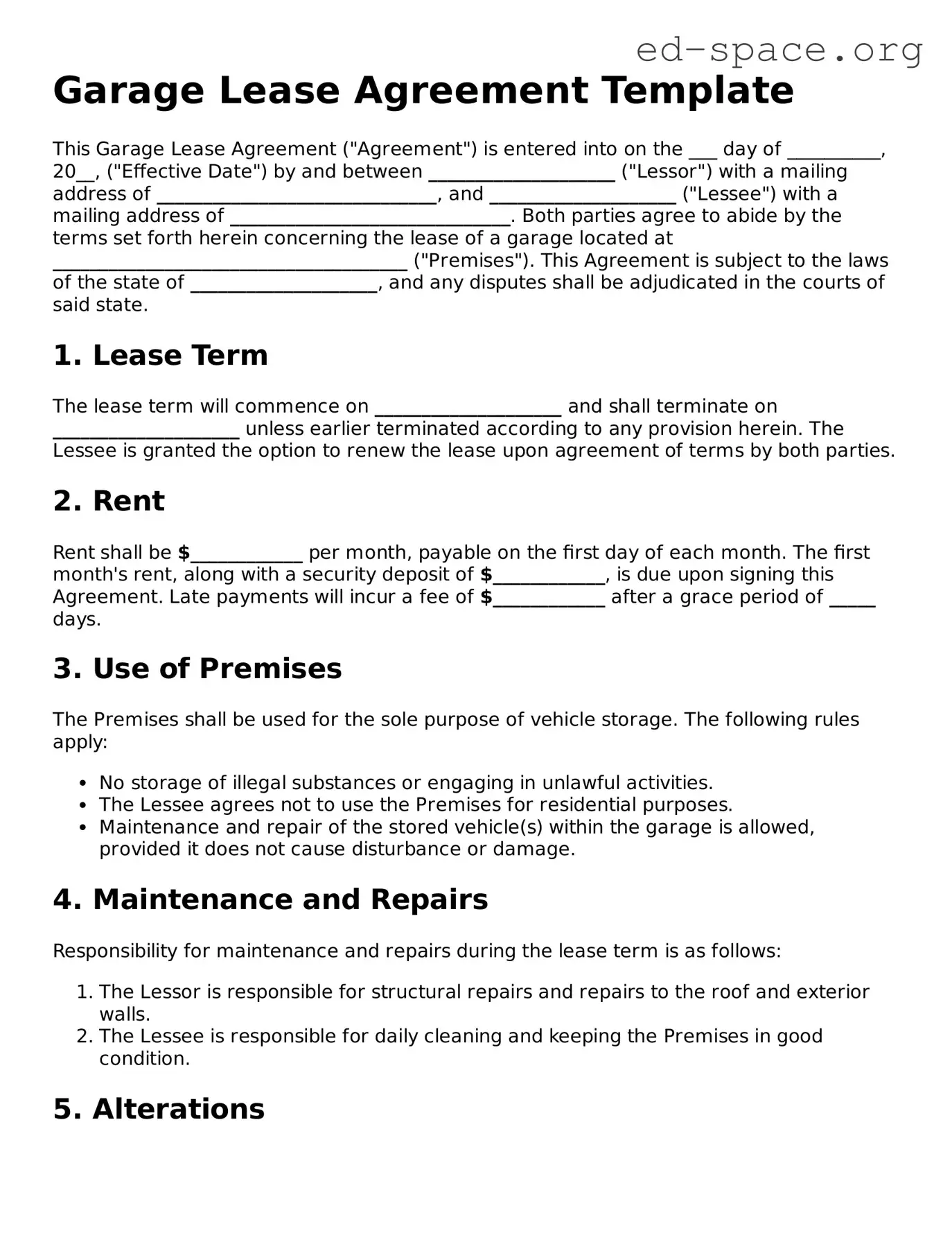 Fillable Garage Lease Agreement Template