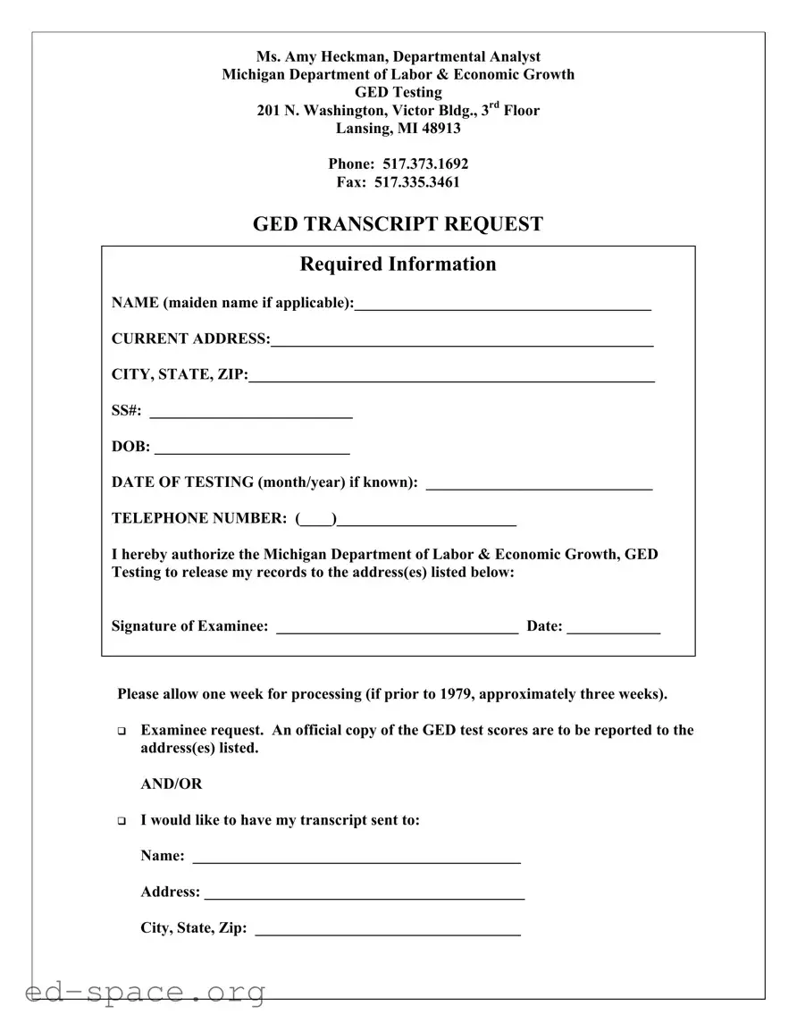 Blank Michigan Ged Transcript Request PDF Form