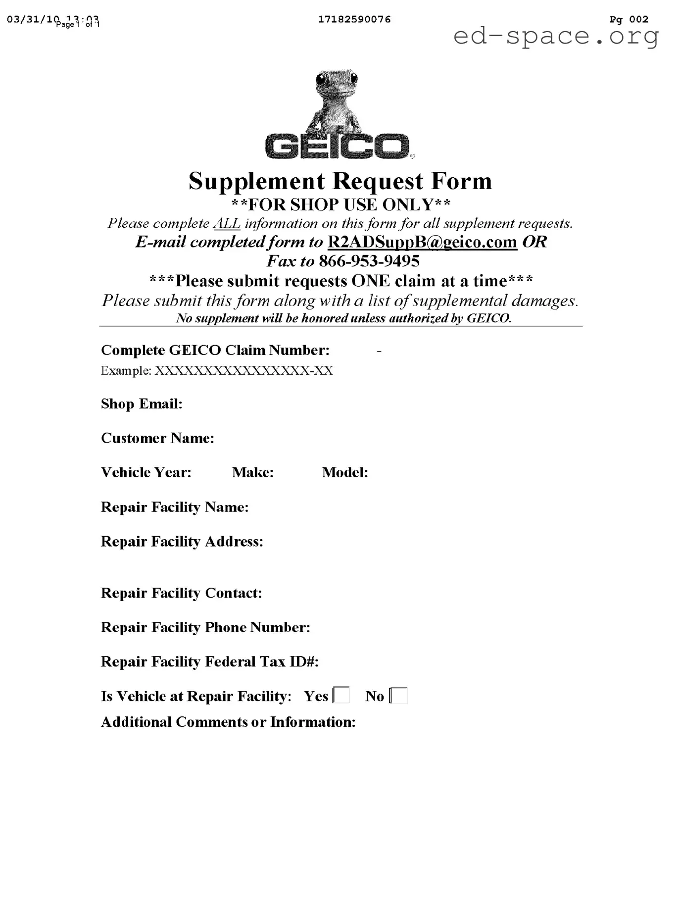 Blank Geico Supplement Request PDF Form