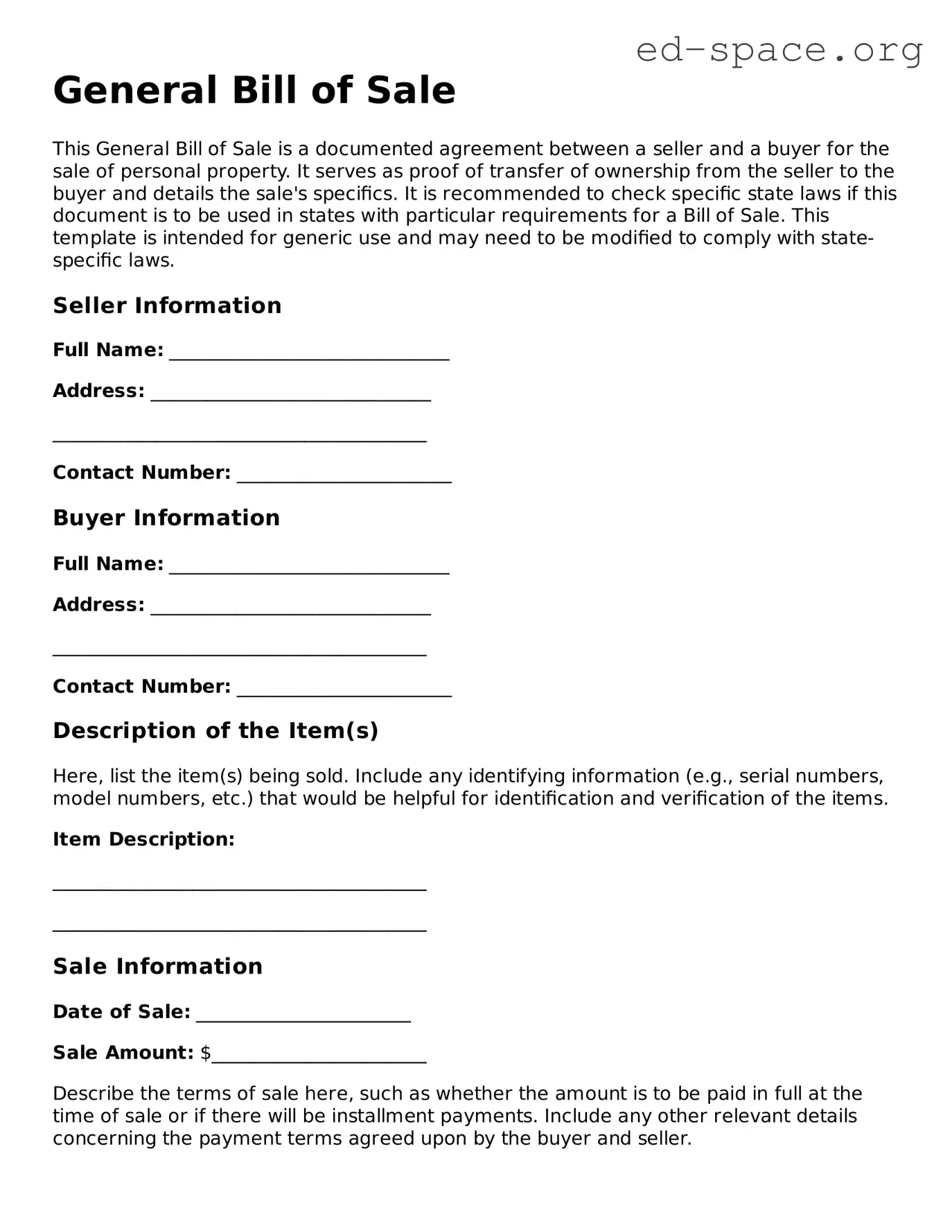 Fillable General Bill of Sale Template