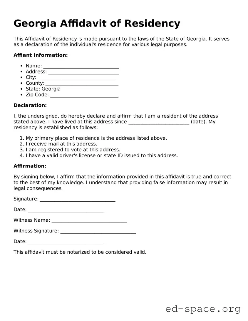 Free  Affidavit of Residency Form for Georgia