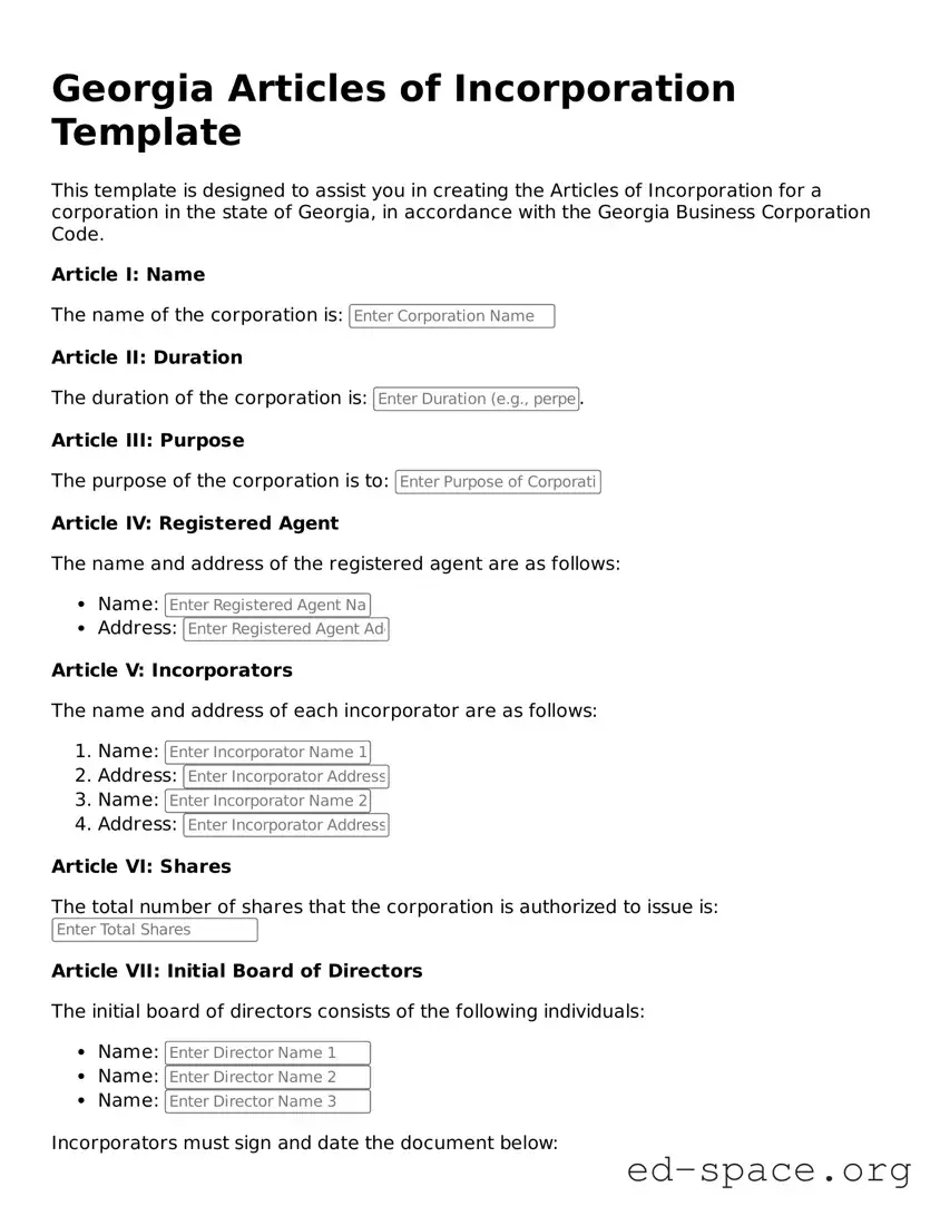 Free  Articles of Incorporation Form for Georgia