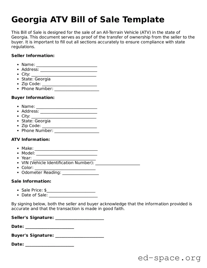 Free  ATV Bill of Sale Form for Georgia