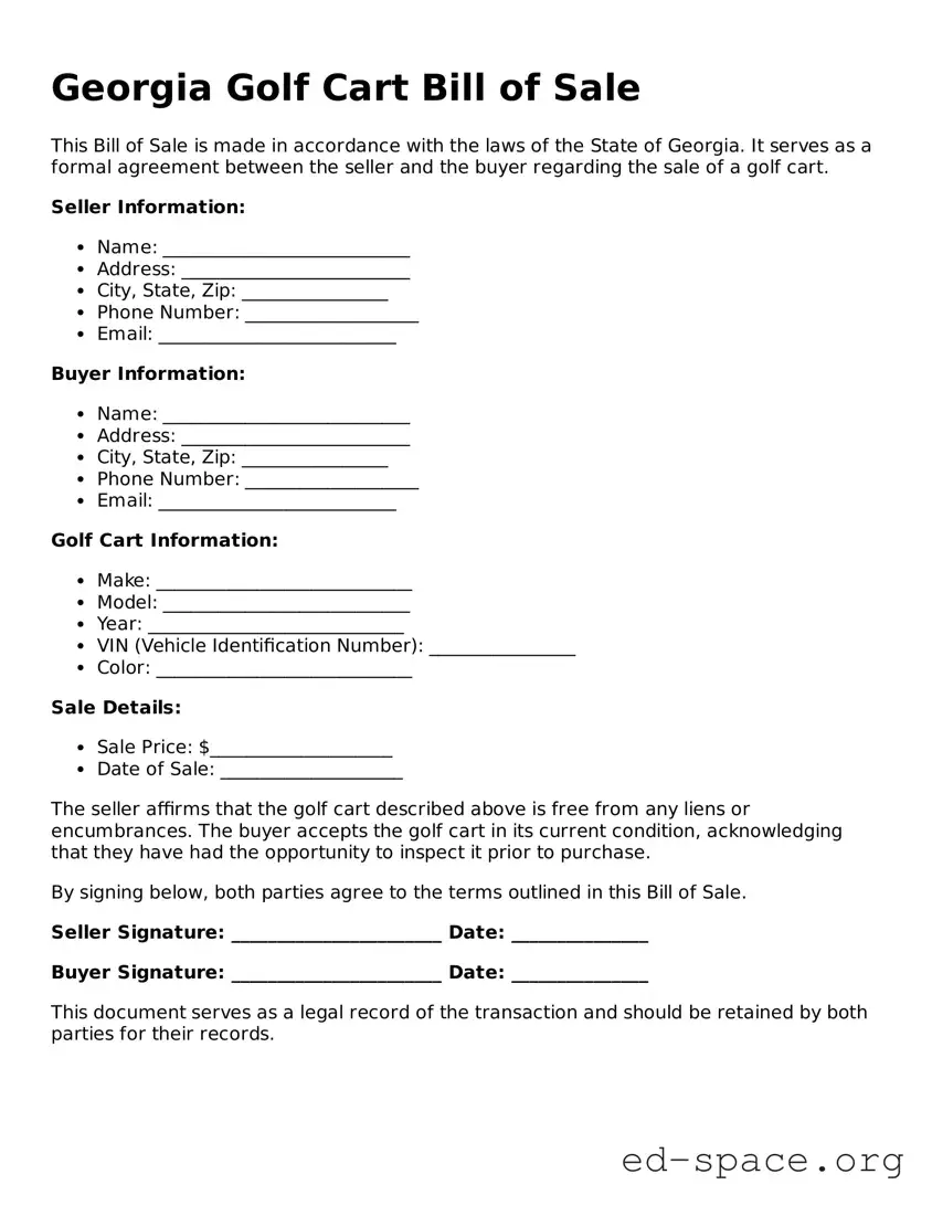 Free  Golf Cart Bill of Sale Form for Georgia