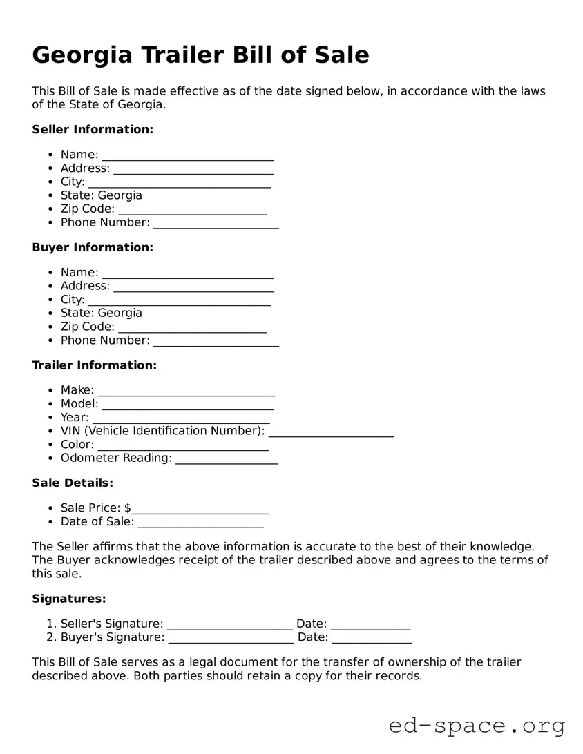 Free  Trailer Bill of Sale Form for Georgia