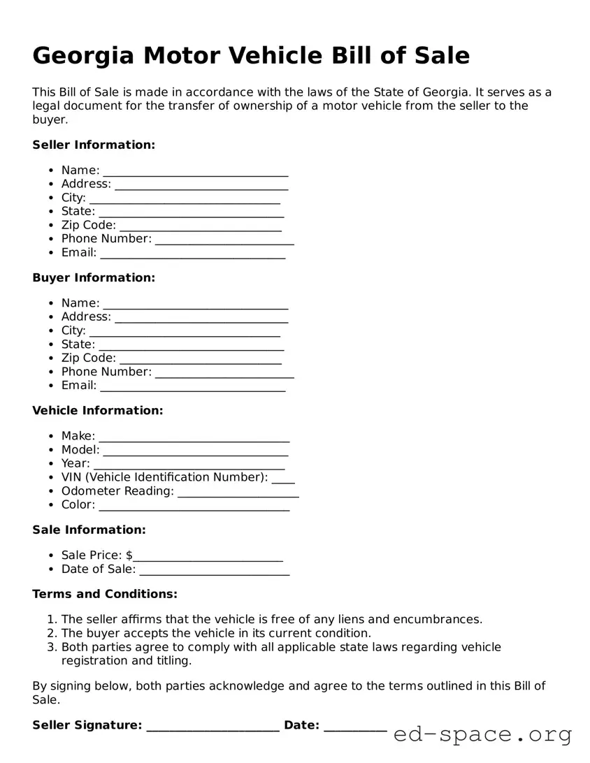 Free  Motor Vehicle Bill of Sale Form for Georgia