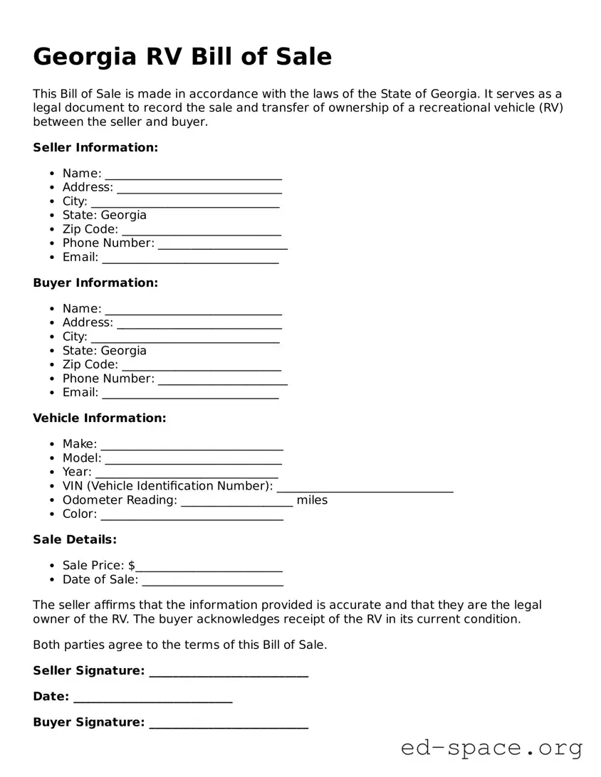 Free  RV Bill of Sale Form for Georgia